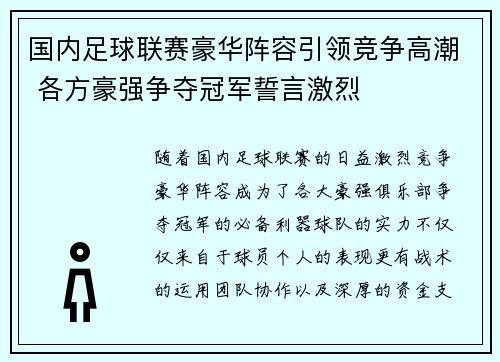国内足球联赛豪华阵容引领竞争高潮 各方豪强争夺冠军誓言激烈