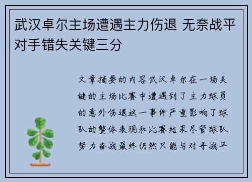 武汉卓尔主场遭遇主力伤退 无奈战平对手错失关键三分