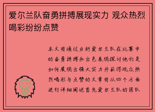 爱尔兰队奋勇拼搏展现实力 观众热烈喝彩纷纷点赞