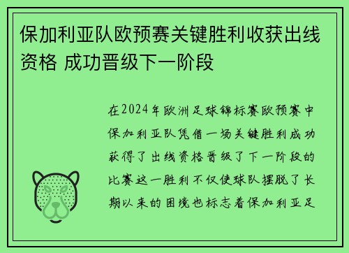 保加利亚队欧预赛关键胜利收获出线资格 成功晋级下一阶段 保加利亚队欧预赛关键胜利收获出线资格 成功晋级下一阶段